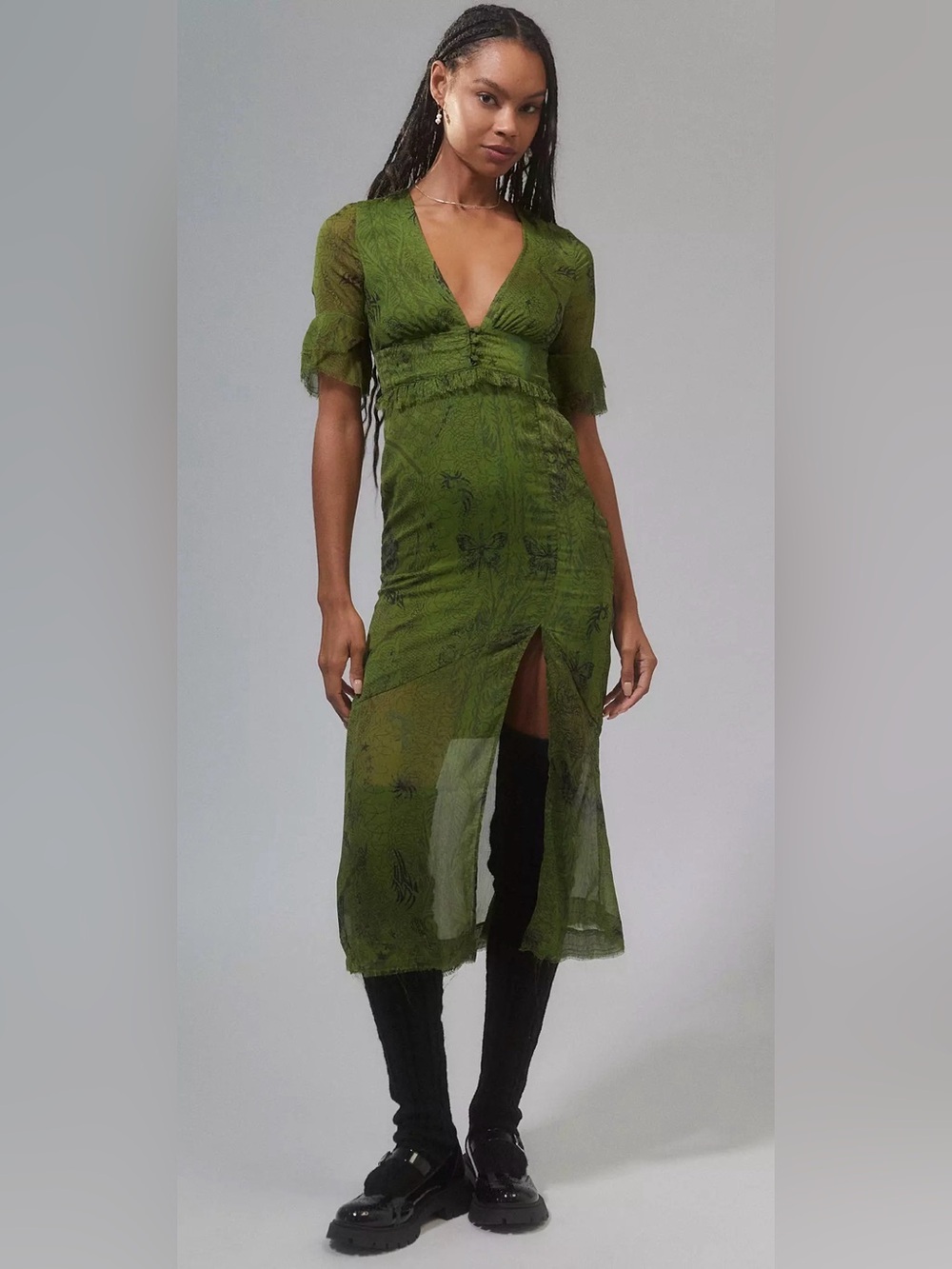Urban Outfitters Florence Chiffon Printed Midi Dress Size Small Olive Green